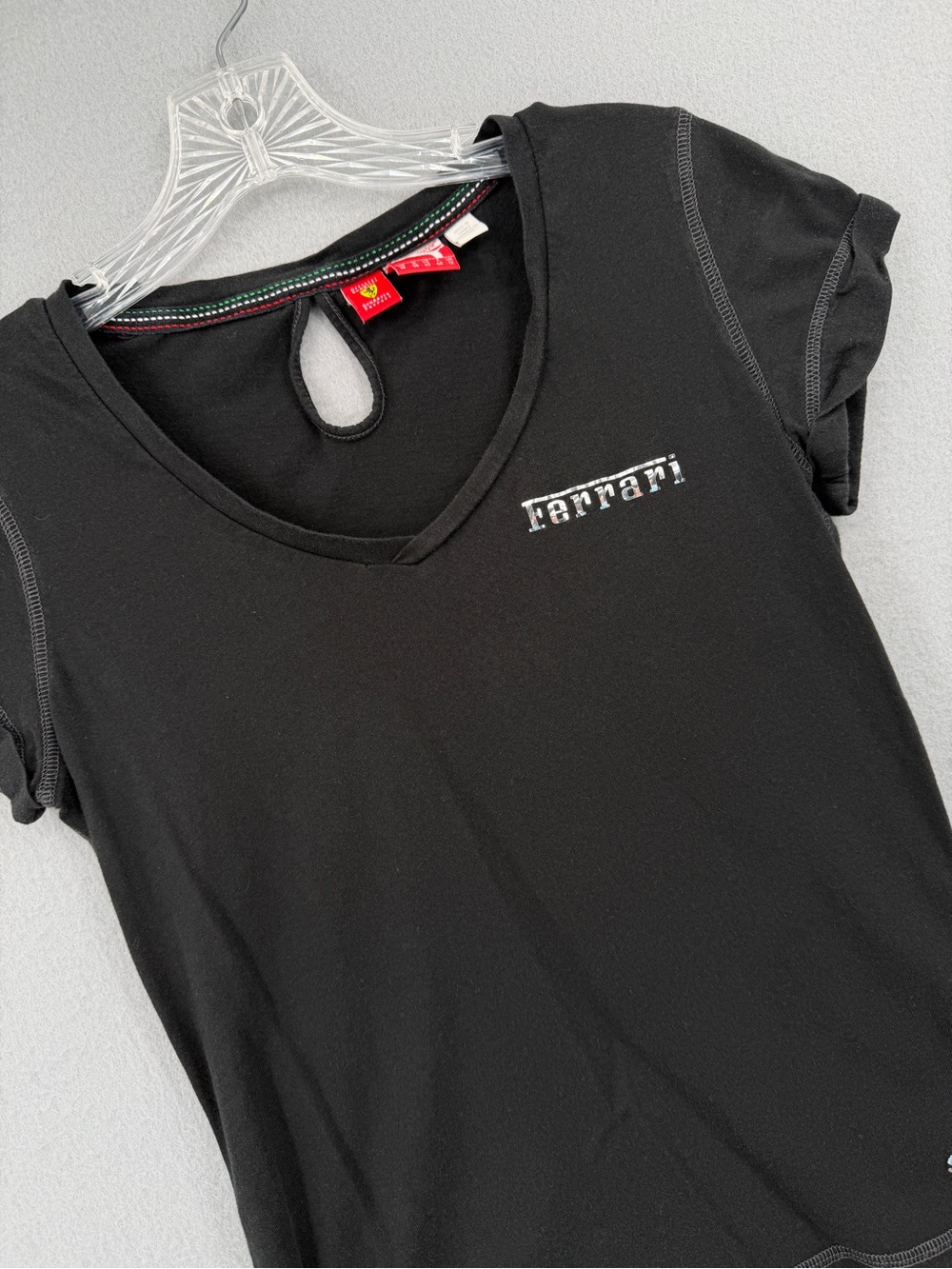 Puma Ferrari Shirt Womens Medium Keyhole Back V-Neck Black Chrome Metallic Logo